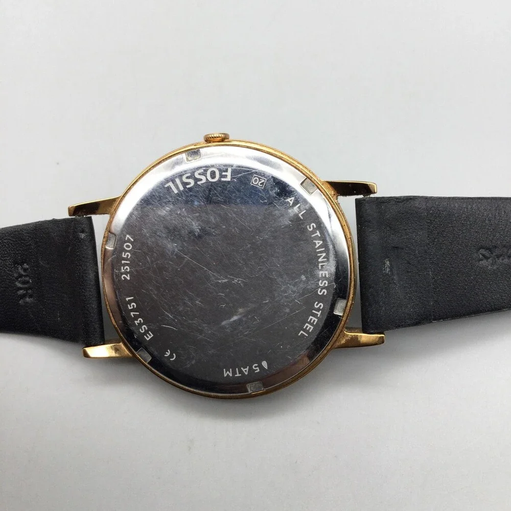 Fossil ES3751 Womens Watch 40mm Silver Gold Tone Black Leather Date New Battery